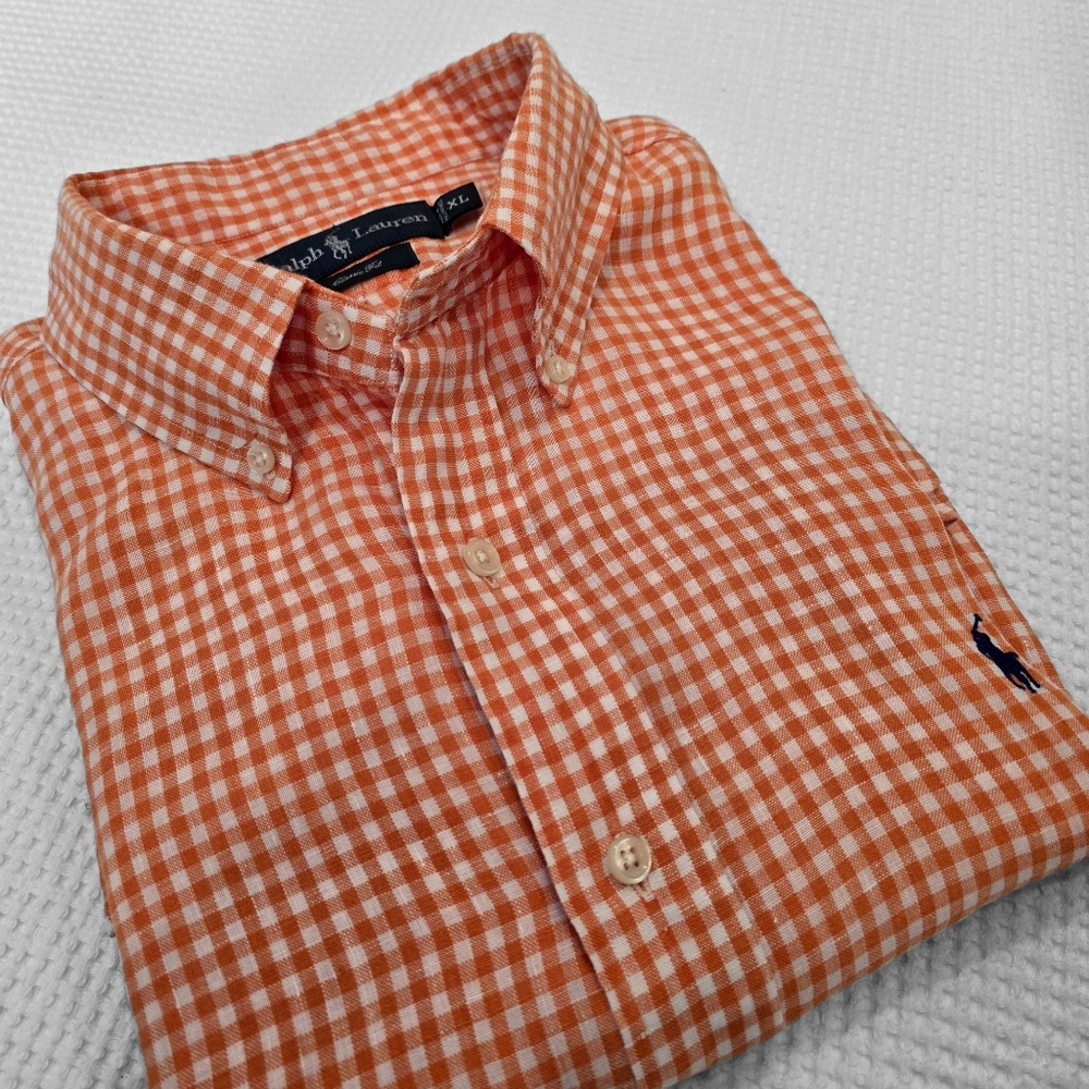Ralph Lauren Linen Orange Gingham Short Sleeve Shirt - Men's XL